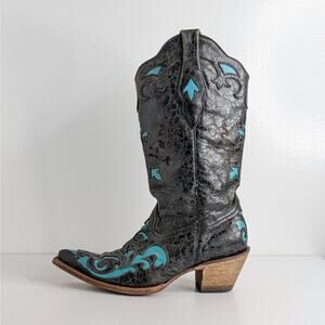 Corral C2117 Black Turquoise Distressed Western Snip Toe Cowgirl Boots Women 8 M